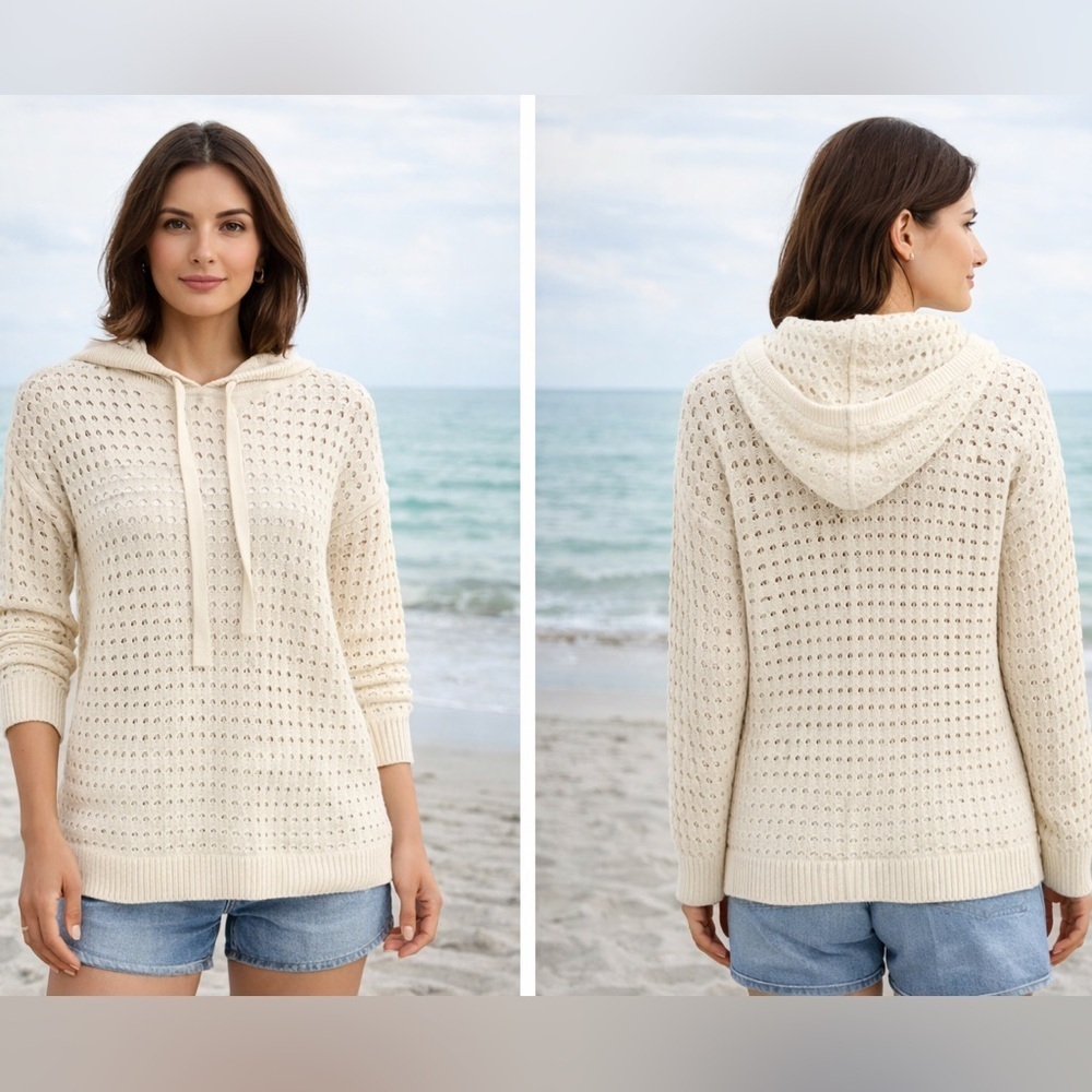 Worth New York Ivory Open Knit Hoodie Sweater Cotton Cashmere Small